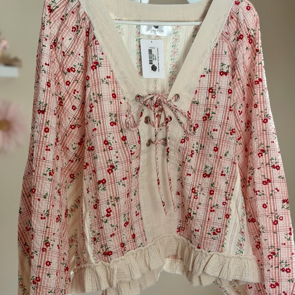 SOLD - Floral Lace-Up Blouse